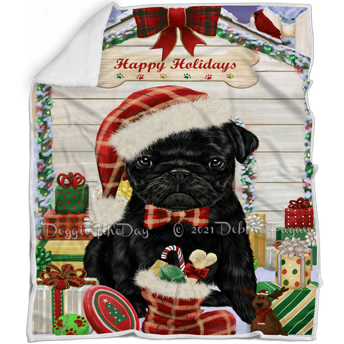 Happy Holidays Christmas Pug Dog House With Presents Blanket BLNKT80094