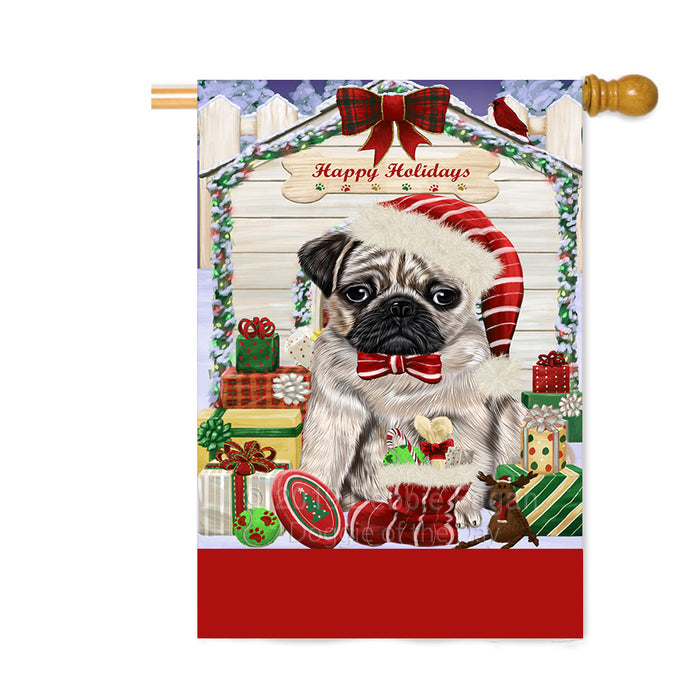 Personalized Happy Holidays Christmas Pug Dog House with Presents Custom House Flag FLG-DOTD-A59416