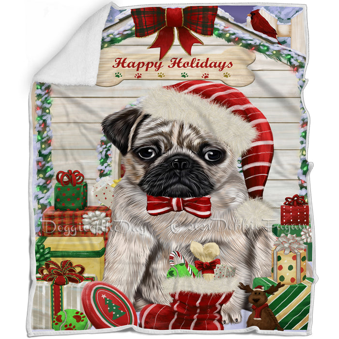 Happy Holidays Christmas Pug Dog House With Presents Blanket BLNKT80103