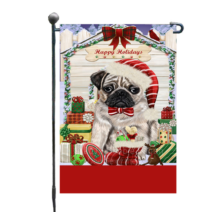 Personalized Happy Holidays Christmas Pug Dog House with Presents Custom Garden Flags GFLG-DOTD-A59360