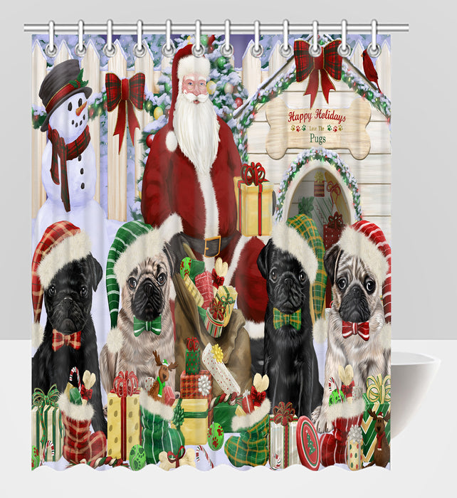 Happy Holidays Christmas Pug Dogs House Gathering Shower Curtain