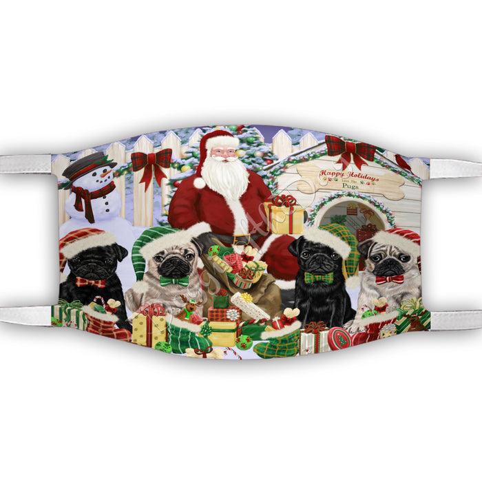 Happy Holidays Christmas Pug Dogs House Gathering Face Mask FM48271