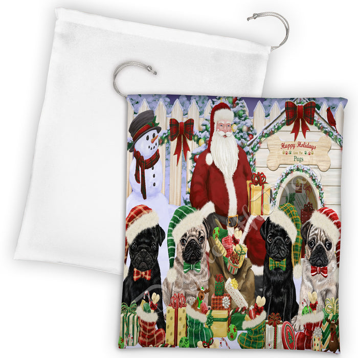 Happy Holidays Christmas Pug Dogs House Gathering Drawstring Laundry or Gift Bag LGB48069