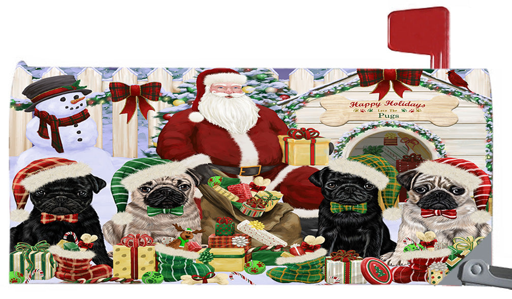Happy Holidays Christmas Pug Dogs House Gathering 6.5 x 19 Inches Magnetic Mailbox Cover Post Box Cover Wraps Garden Yard Décor MBC48835