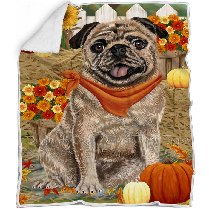Fall Autumn Greeting Pug Dog with Pumpkins Blanket BLNKT73605