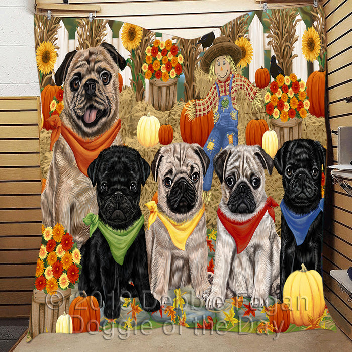 Fall Festive Harvest Time Gathering Pug Dogs Quilt