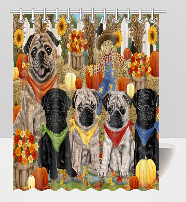 Fall Festive Harvest Time Gathering Pug Dogs Shower Curtain
