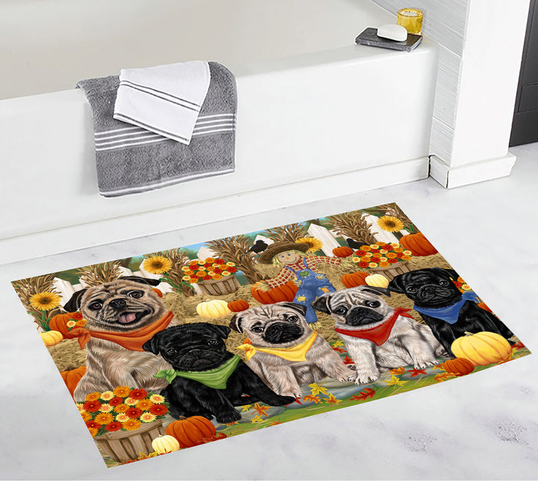 Fall Festive Harvest Time Gathering Pug Dogs Bath Mat