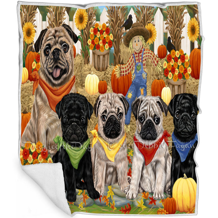 Fall Festive Gathering Pugs Dog with Pumpkins Blanket BLNKT73236