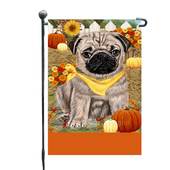 Personalized Fall Autumn Greeting Pug Dog with Pumpkins Custom Garden Flags GFLG-DOTD-A62013