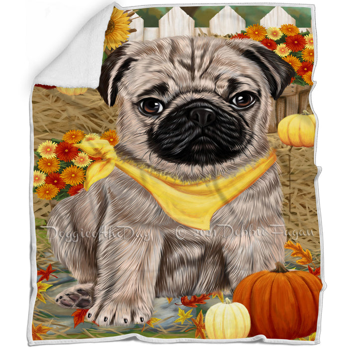 Fall Autumn Greeting Pug Dog with Pumpkins Blanket BLNKT73614