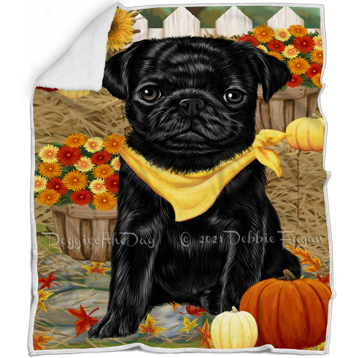 Fall Autumn Greeting Pug Dog with Pumpkins Blanket BLNKT73623