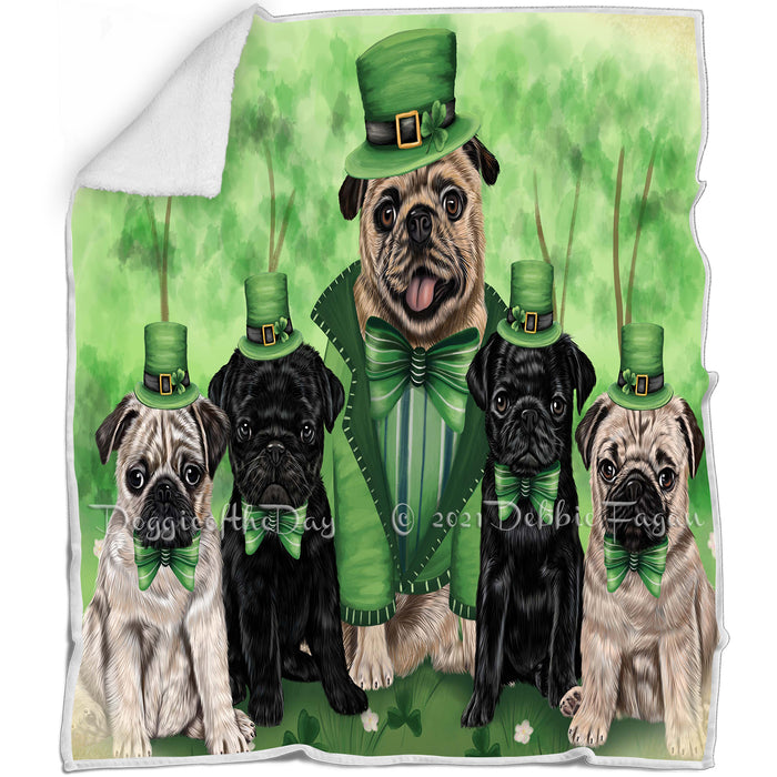 St. Patricks Day Irish Family Portrait Pugs Dog Blanket BLNKT58728
