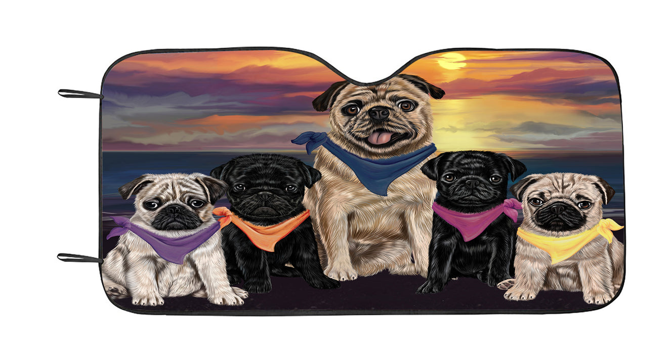 Family Sunset Portrait Pug Dogs Car Sun Shade