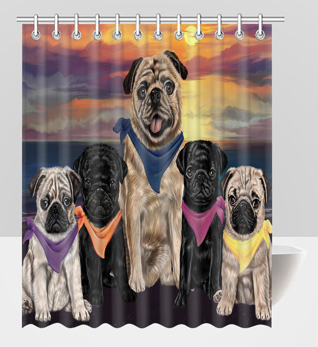 Family Sunset Portrait Pug Dogs Shower Curtain