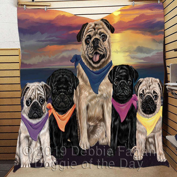 Family Sunset Portrait Pug Dogs Quilt