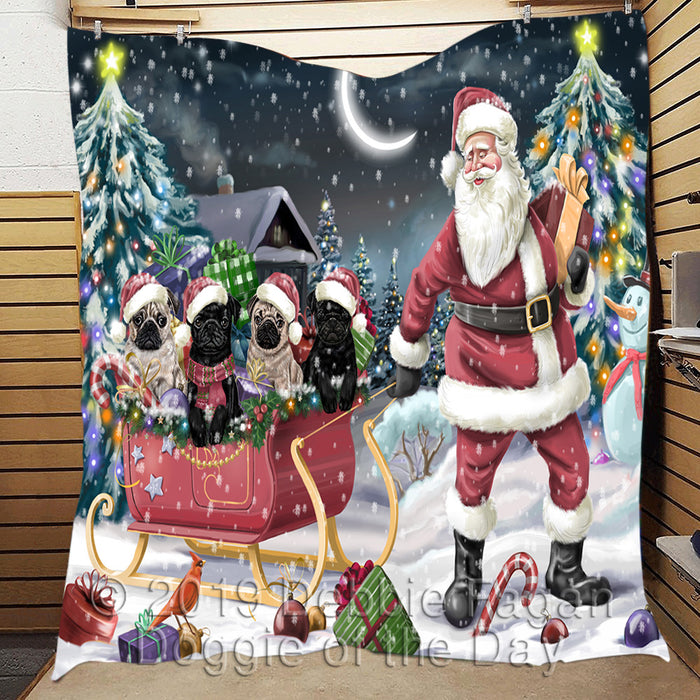 Santa Sled Dogs Christmas Happy Holidays Pug Dogs Quilt