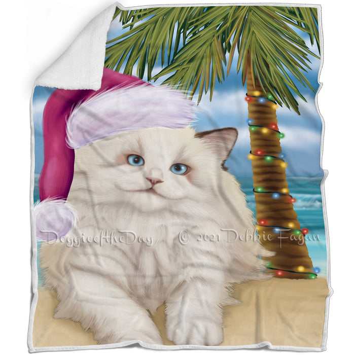 Summertime Happy Holidays Christmas Ragdoll Cat on Tropical Island Beach Blanket D196