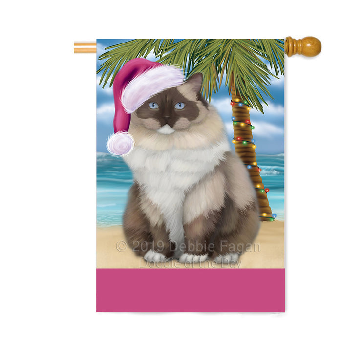 Personalized Summertime Happy Holidays Christmas Ragdoll Cat on Tropical Island Beach Custom House Flag FLG-DOTD-A60573