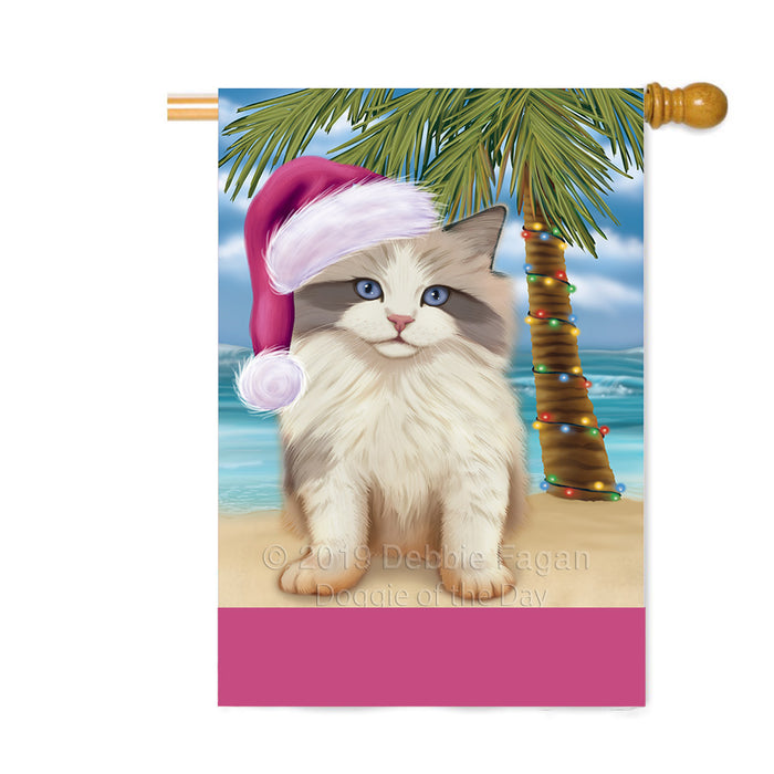 Personalized Summertime Happy Holidays Christmas Ragdoll Cat on Tropical Island Beach Custom House Flag FLG-DOTD-A60574