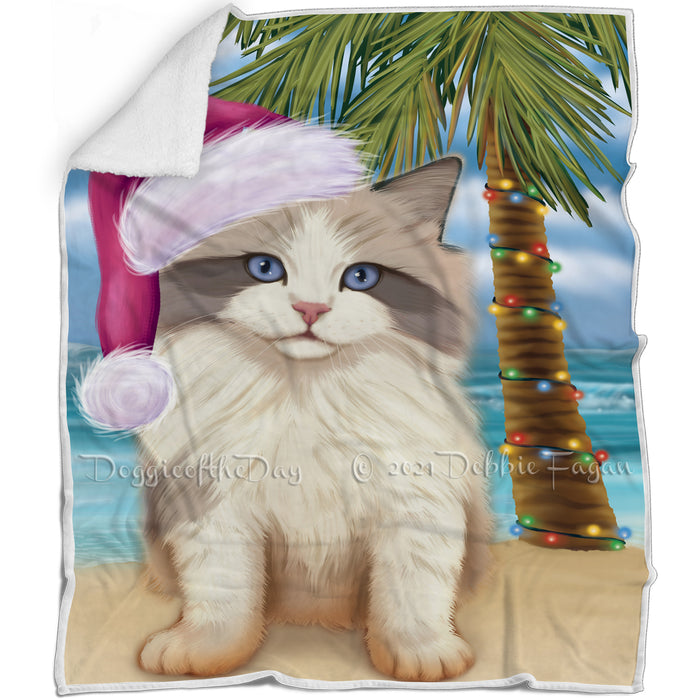 Summertime Happy Holidays Christmas White Ragdoll Cat on Tropical Island Beach Blanket D148