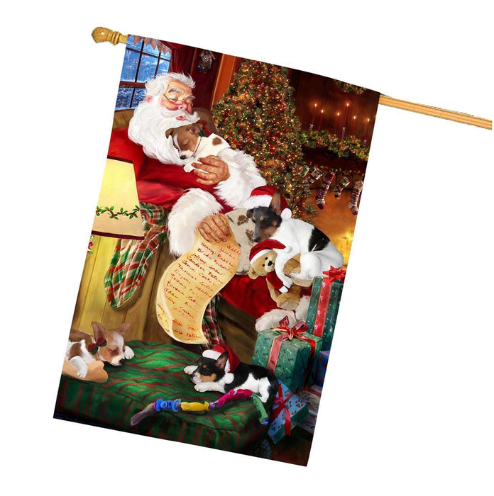 Rat Terrier Dog and Puppies Sleeping with Santa House Flag