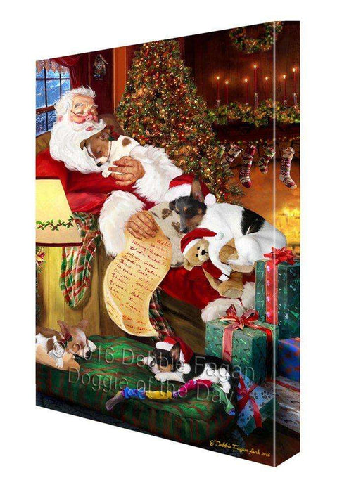 Rat Terrier Dog and Puppies Sleeping with Santa Painting Printed on Canvas Wall Art