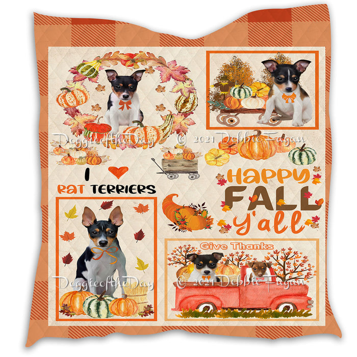 Happy Fall Y'all Pumpkin Rat Terrier Dogs Quilt Bed Coverlet Bedspread - Pets Comforter Unique One-side Animal Printing - Soft Lightweight Durable Washable Polyester Quilt