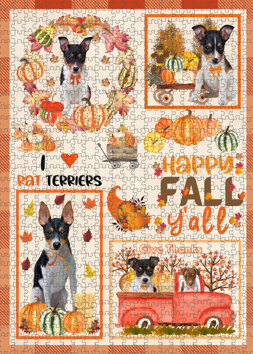 Happy Fall Y'all Pumpkin Rat Terrier Dogs Portrait Jigsaw Puzzle for Adults Animal Interlocking Puzzle Game Unique Gift for Dog Lover's with Metal Tin Box