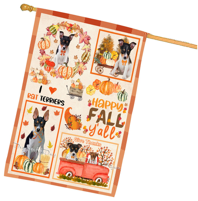 Happy Fall Y'all Pumpkin Rat Terrier Dogs House Flag Outdoor Decorative Double Sided Pet Portrait Weather Resistant Premium Quality Animal Printed Home Decorative Flags 100% Polyester