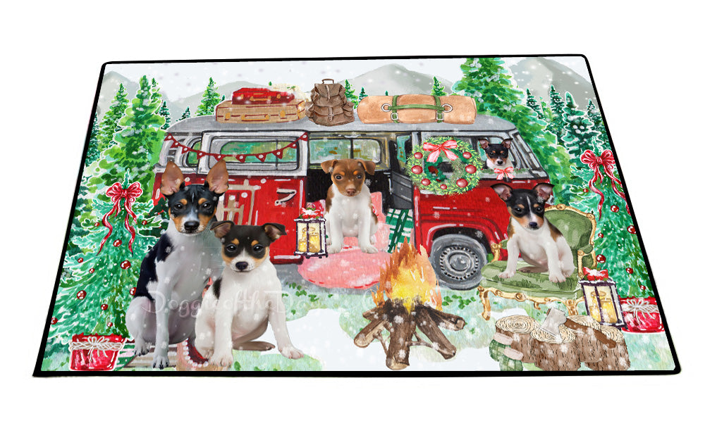 Christmas Time Camping with Rat Terrier Dogs Floor Mat- Anti-Slip Pet Door Mat Indoor Outdoor Front Rug Mats for Home Outside Entrance Pets Portrait Unique Rug Washable Premium Quality Mat