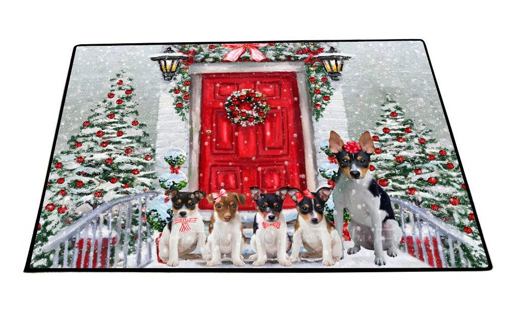 Christmas Holiday Welcome Rat Terrier Dogs Floor Mat- Anti-Slip Pet Door Mat Indoor Outdoor Front Rug Mats for Home Outside Entrance Pets Portrait Unique Rug Washable Premium Quality Mat