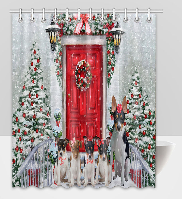 Christmas Holiday Welcome Rat Terrier Dogs Shower Curtain Pet Painting Bathtub Curtain Waterproof Polyester One-Side Printing Decor Bath Tub Curtain for Bathroom with Hooks