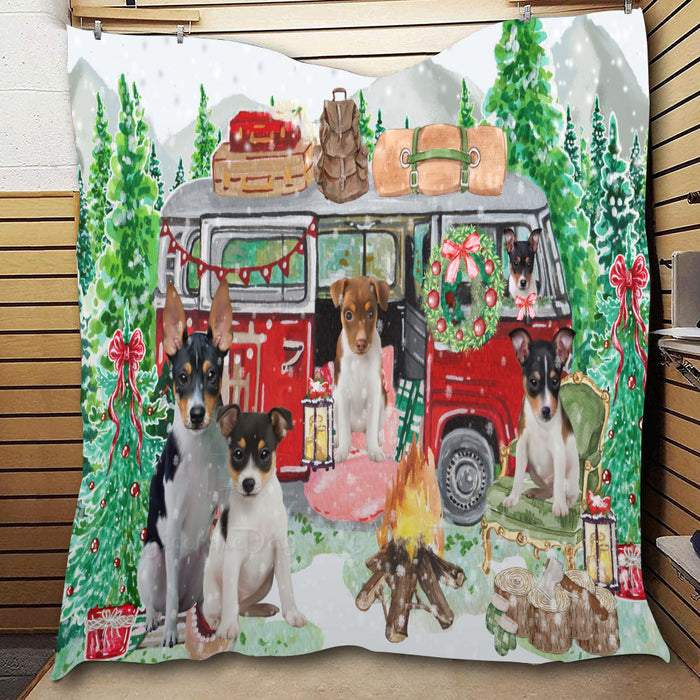 Christmas Time Camping with Rat Terrier Dogs  Quilt Bed Coverlet Bedspread - Pets Comforter Unique One-side Animal Printing - Soft Lightweight Durable Washable Polyester Quilt