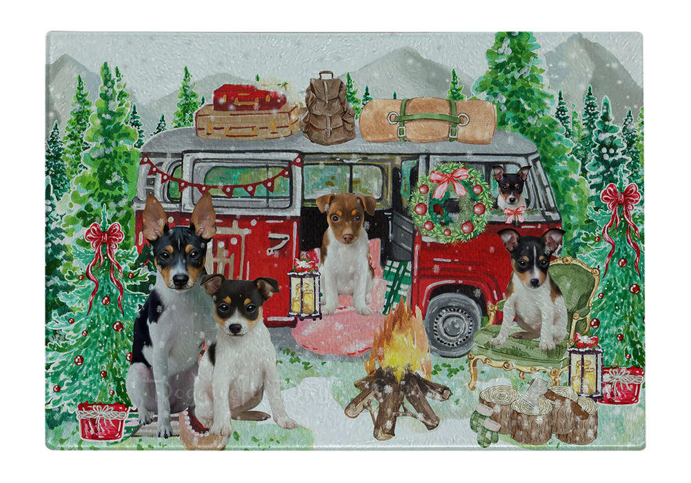 Christmas Time Camping with Rat Terrier Dogs Cutting Board - For Kitchen - Scratch & Stain Resistant - Designed To Stay In Place - Easy To Clean By Hand - Perfect for Chopping Meats, Vegetables