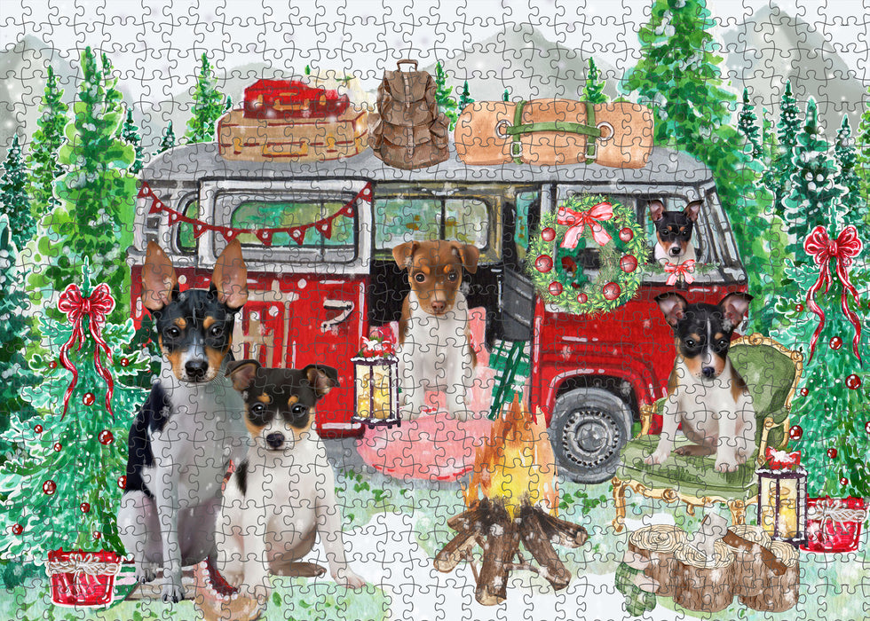 Christmas Time Camping with Rat Terrier Dogs Portrait Jigsaw Puzzle for Adults Animal Interlocking Puzzle Game Unique Gift for Dog Lover's with Metal Tin Box