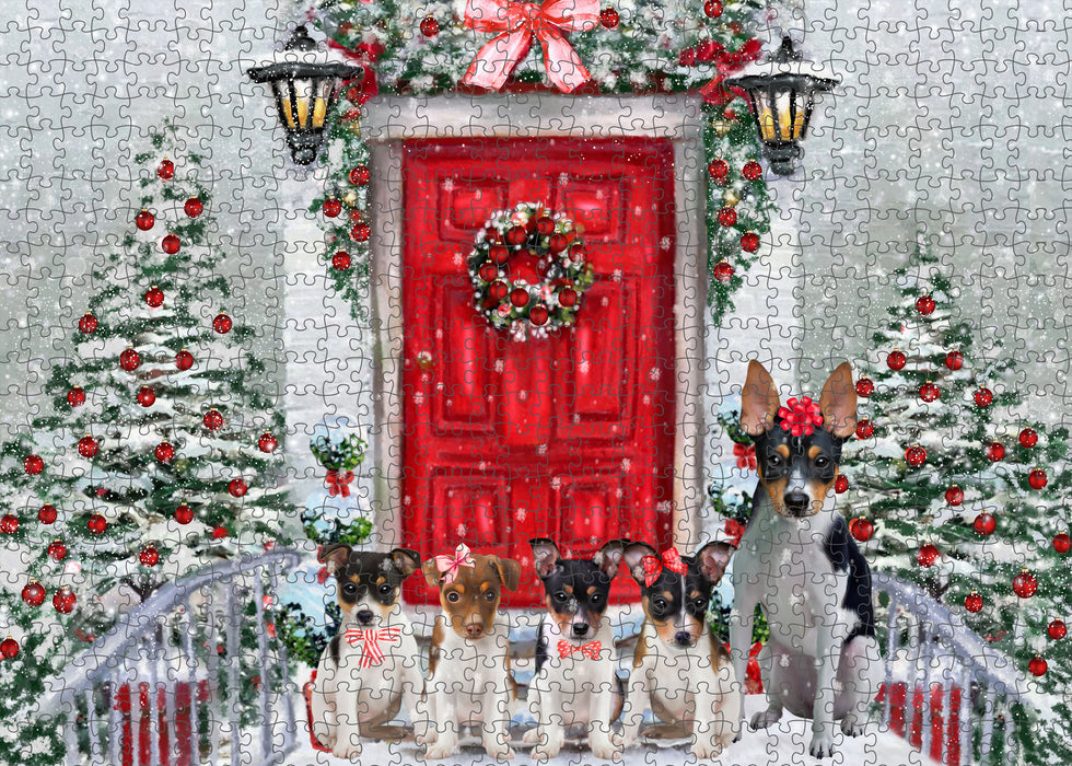 Christmas Holiday Welcome Rat Terrier Dogs Portrait Jigsaw Puzzle for Adults Animal Interlocking Puzzle Game Unique Gift for Dog Lover's with Metal Tin Box