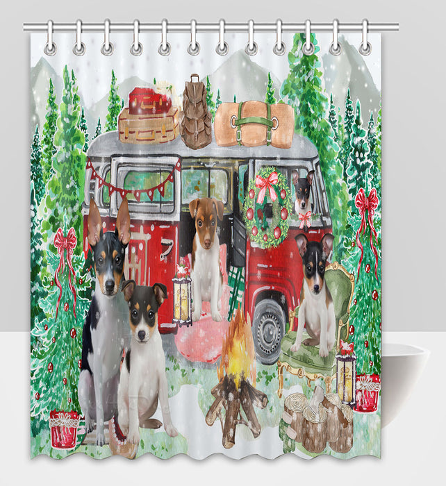 Christmas Time Camping with Rat Terrier Dogs Shower Curtain Pet Painting Bathtub Curtain Waterproof Polyester One-Side Printing Decor Bath Tub Curtain for Bathroom with Hooks