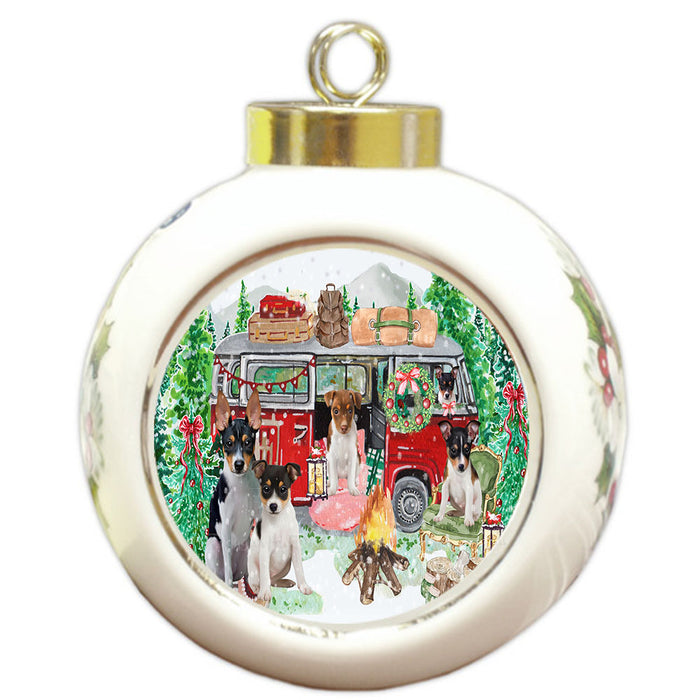 Christmas Time Camping with Rat Terrier Dogs Round Ball Christmas Ornament Pet Decorative Hanging Ornaments for Christmas X-mas Tree Decorations - 3" Round Ceramic Ornament