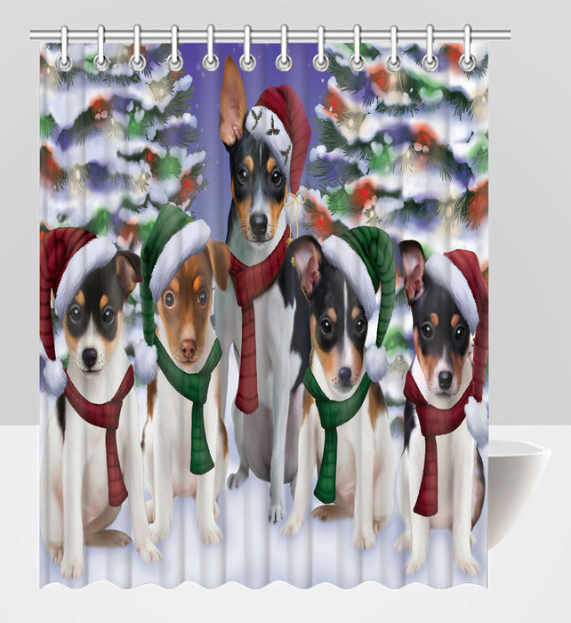 Rat Terrier Dogs Christmas Family Portrait in Holiday Scenic Background Shower Curtain