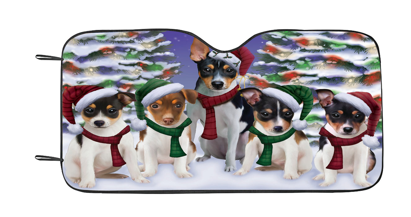 Rat Terrier Dogs Christmas Family Portrait in Holiday Scenic Background Car Sun Shade