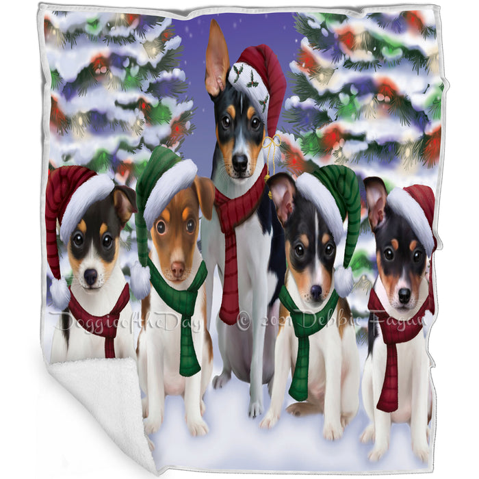 Rat Terrier Dog Christmas Family Portrait in Holiday Scenic Background Art Portrait Print Woven Throw Sherpa Plush Fleece Blanket D008