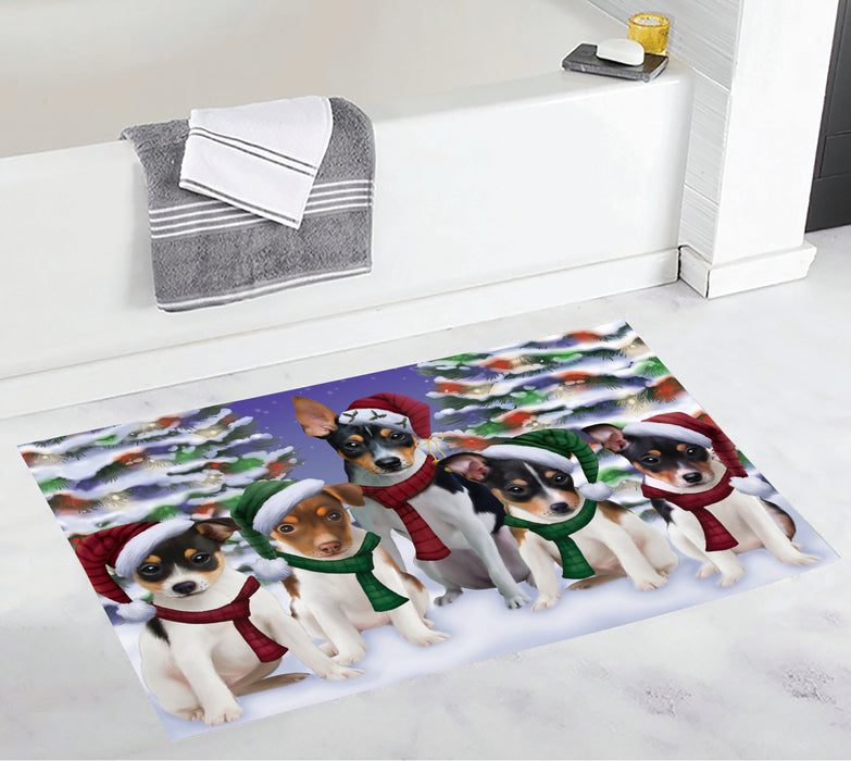 Rat Terrier Dogs Christmas Family Portrait in Holiday Scenic Background Bath Mat