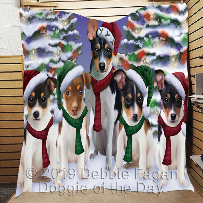 Rat Terrier Dogs Christmas Family Portrait in Holiday Scenic Background Quilt