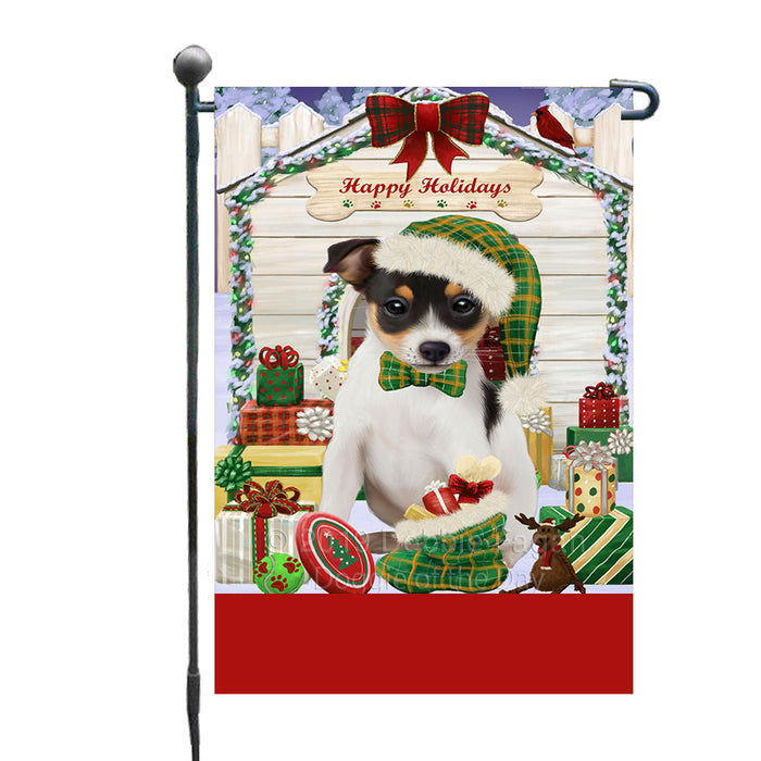 Personalized Happy Holidays Christmas Rat Terrier Dog House with Presents Custom Garden Flags GFLG-DOTD-A59361