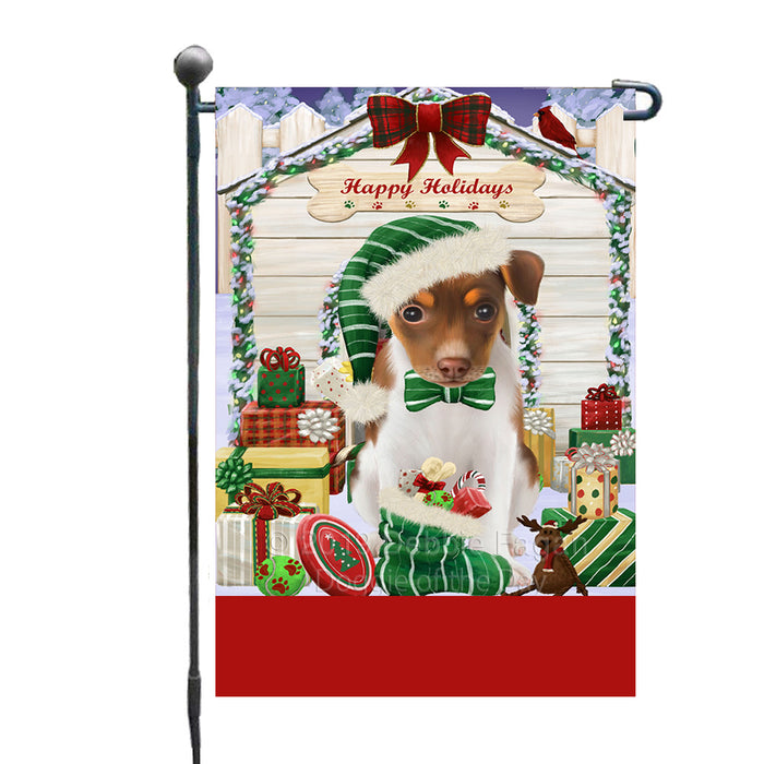 Personalized Happy Holidays Christmas Rat Terrier Dog House with Presents Custom Garden Flags GFLG-DOTD-A59362