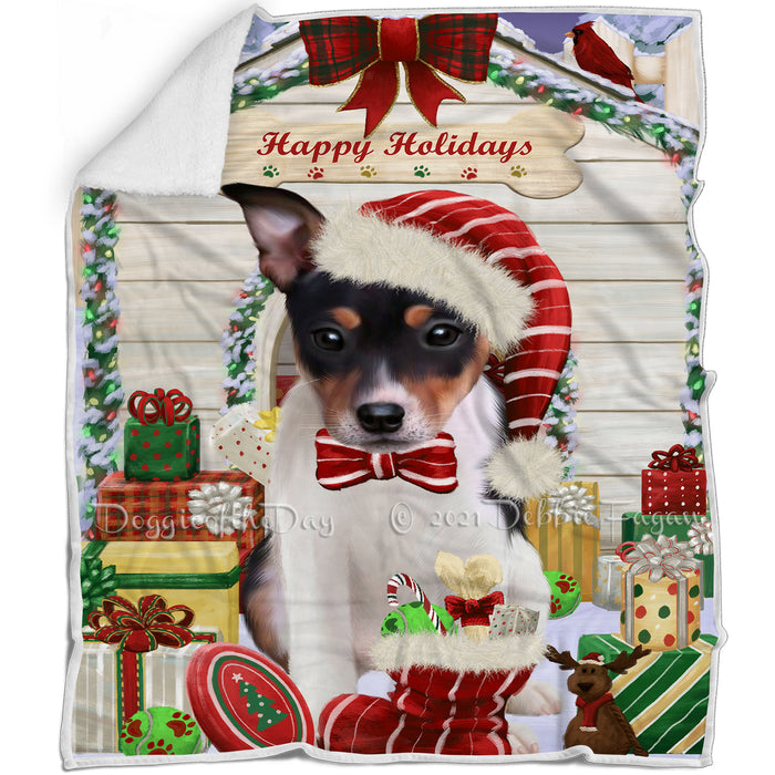 Happy Holidays Christmas Rat Terrier Dog House With Presents Blanket BLNKT85935
