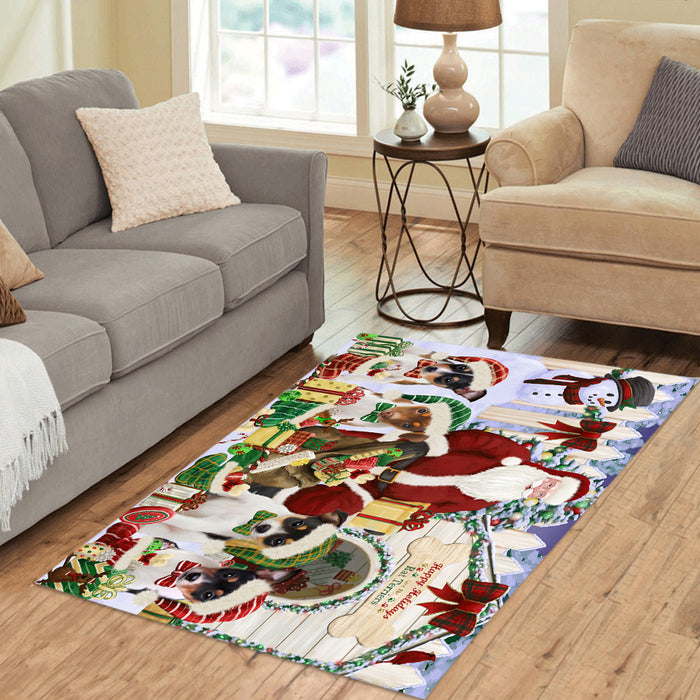 Happy Holidays Christma Rat Terrier Dogs House Gathering Area Rug