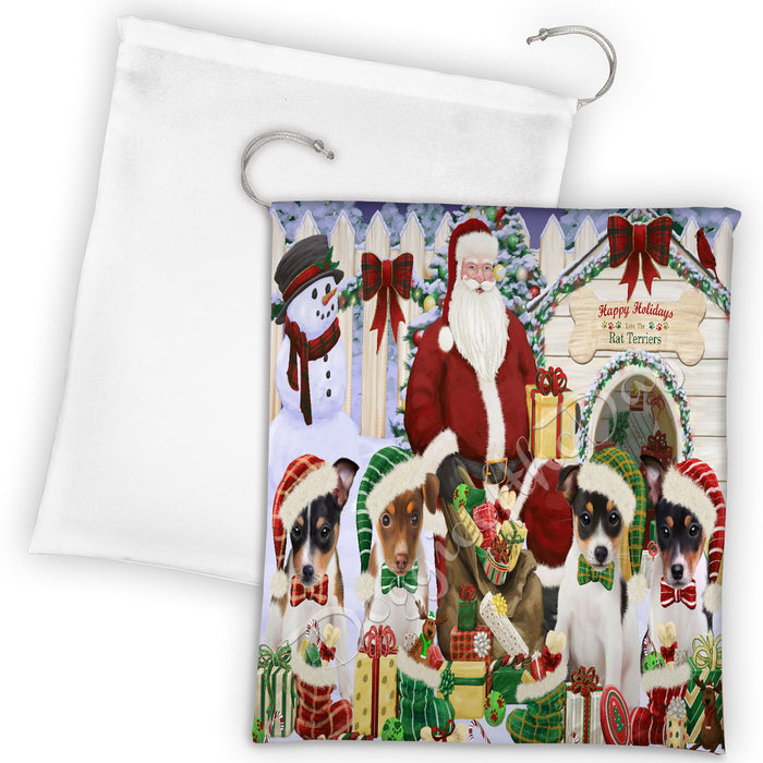 Happy Holidays Christmas Rat Terrier Dogs House Gathering Drawstring Laundry or Gift Bag LGB48070