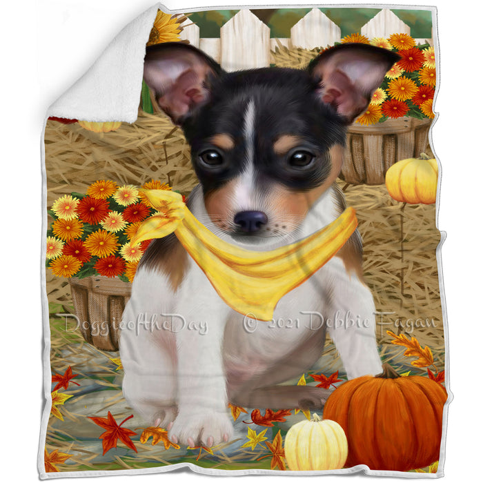 Fall Autumn Greeting Rat Terrier Dog with Pumpkins Blanket BLNKT73641